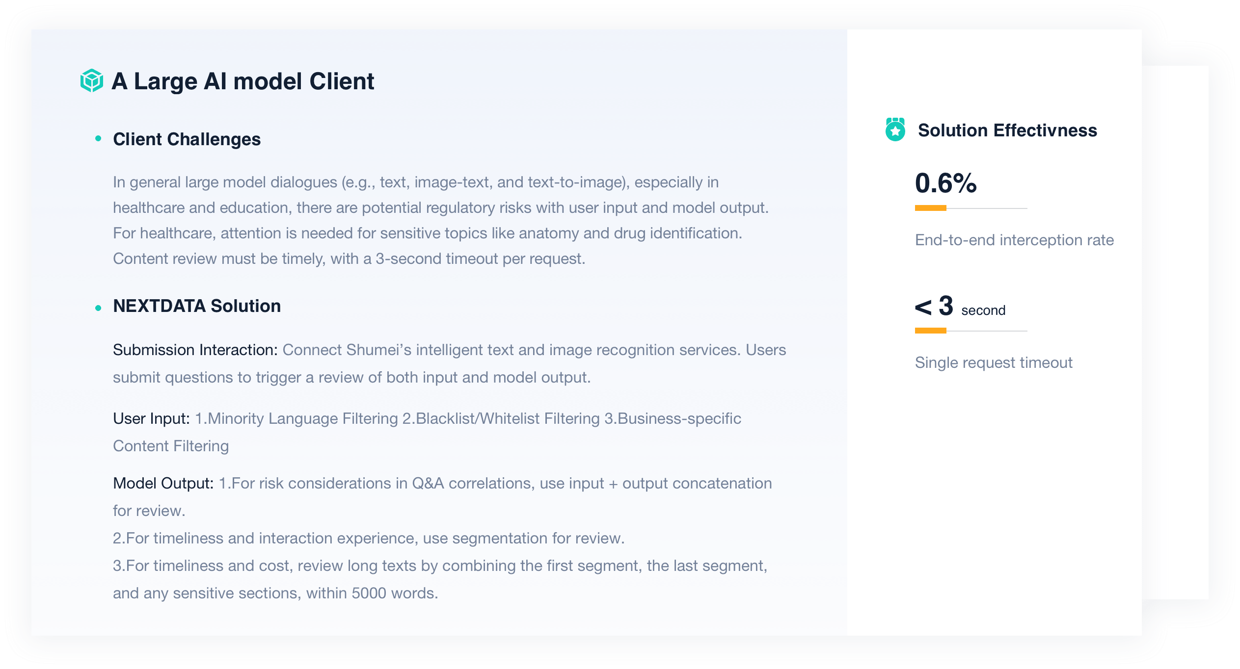 Case study on content moderation for a popular AI chat app in China with 5 million users. High lights challenges of managing prohibited and vulgar content in user and AI-generated chats. NEXTDATA solution involve s integrating  intelligent text recognition service for machine review before messages are sent out.